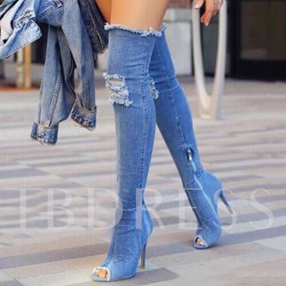 Secret Denim Side Zipper Peep Toe Stiletto Heel Thigh High Boots